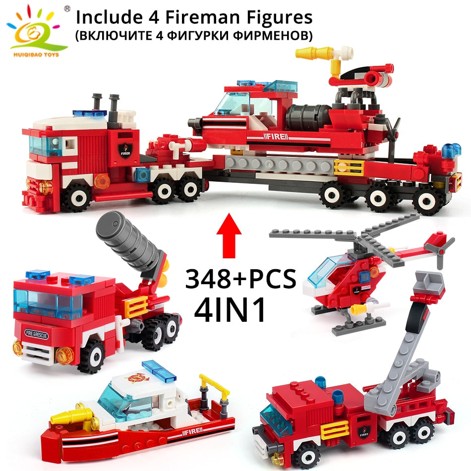 348pcs Fire Fighting 4in1 Trucks Car Helicopter Boat Building Blocks City Firefighter Figures Man Bricks Children Toys