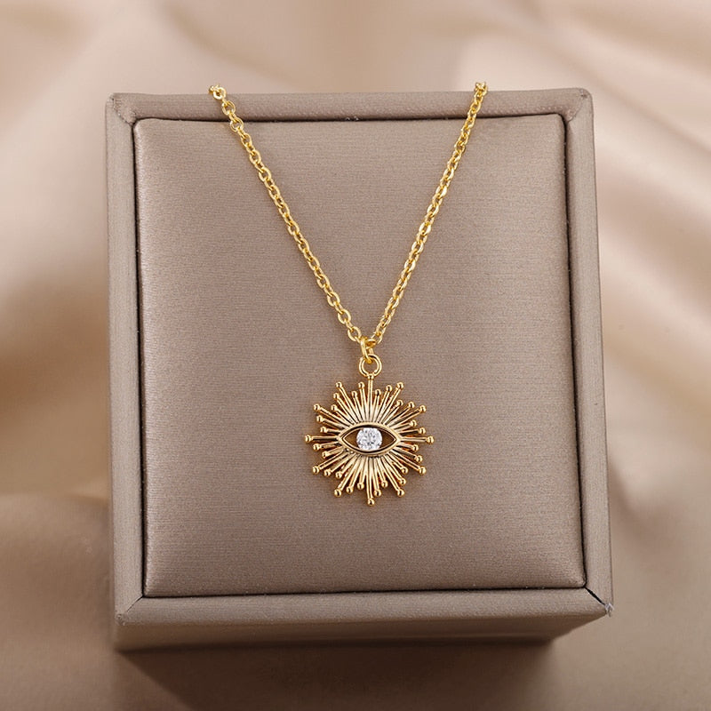 Turkish Evil Eye Pendant Necklace for Women Gold Plated Stainless Steel Necklaces 2023 Trending Choker Lucky Aesthetic Jewelry