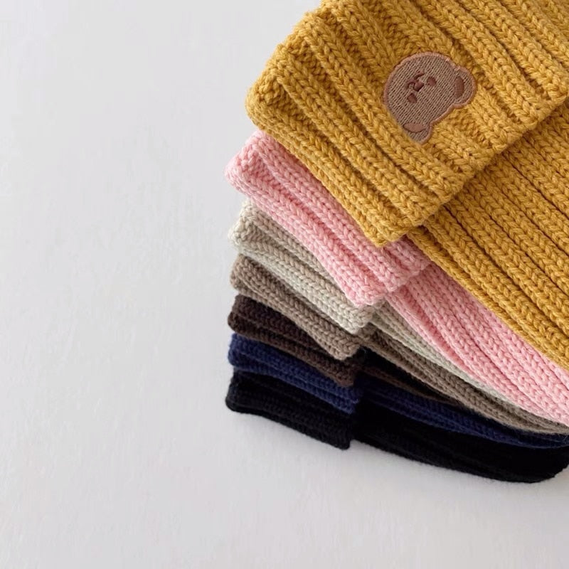 2023 Korea Spring Autumn Kids boys Hat Candy Color Baby Boys Knit Hat Baby Girls Bear Head Embroidery Kids Knitted Hat