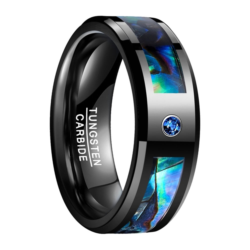 8mm Tungsten Carbide Ring Black Abalone Shell Ring with Blue CZ Stone Finger Men Women Wedding Band Ring Jewelry