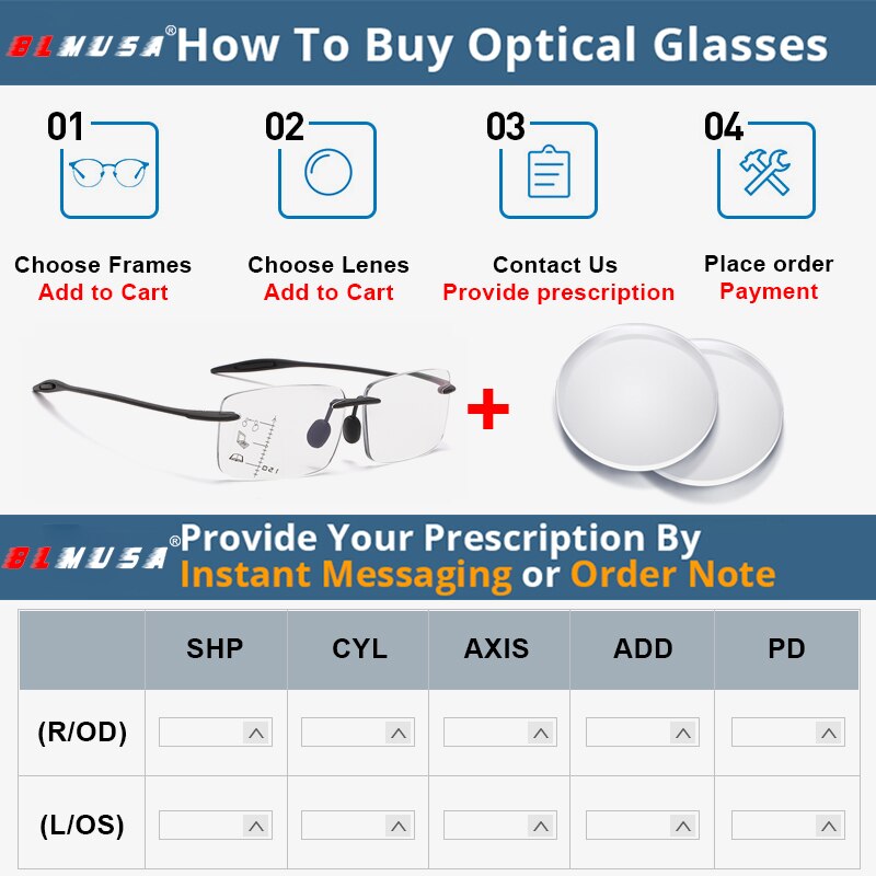 Progressive Multifocal Reading Glasses Men TR90 Anti-Blue Light Presbyopia Glasses For Women Rimless Prescription Frame