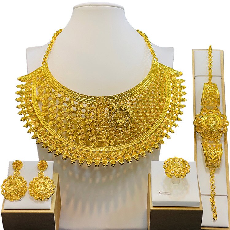 Luxury Dubai Gold Wedding Jewelry Big Necklace Earrings Set for Women Bridal Accessories Gift Indian Jewellery Set