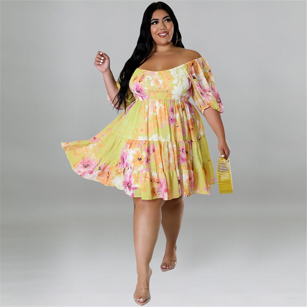 Plus Size Summer Dresses Women&#39;s Clothing Flower Printed One Shoulder Elegant Mini Dress Hot Sale Wholesale Dropshipping