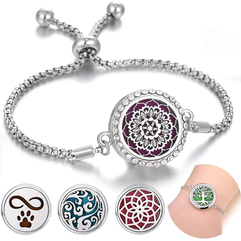 Aromatherapy Bracelet Diffuser Locket Tree of Life Adjustable Perfume Essential Oil Diffuser Bracelet Crystal Magnetic for Women