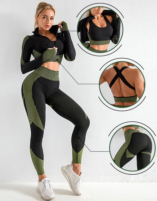 Load image into Gallery viewer, Women&#39;s 3pcs Seamless Workout Outfits Sets Yoga Sportswear Tracksuit Leggings and Stretch Sports Bra Fitness
