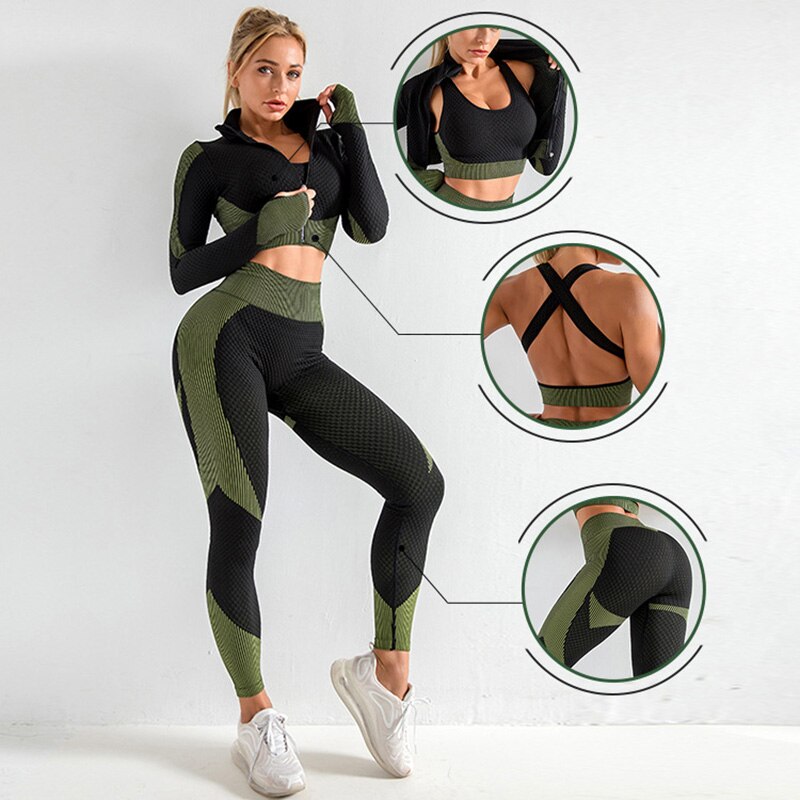 Women&#39;s 3pcs Seamless Workout Outfits Sets Yoga Sportswear Tracksuit Leggings and Stretch Sports Bra Fitness