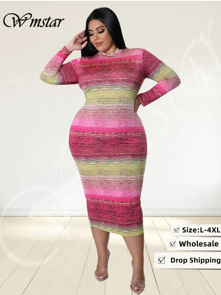 Plus Size Dresses Tie Dye Bodycon Women Clothes Long Sleeve Zipper Back Casual Fashion Maxi Dress Wholesale Dropshipping