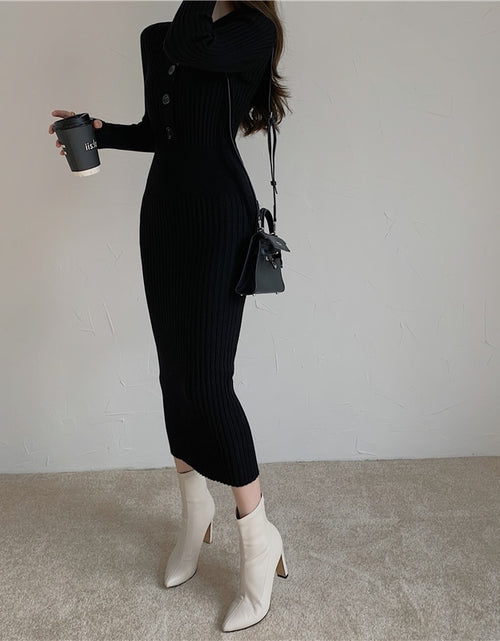 Load image into Gallery viewer, Vintage Knitted Sweater Long Sleeve Dresses Women Slim Bodycon Korean Elegant Fall Winter Button V Neck Sweater Midi Woman Dress
