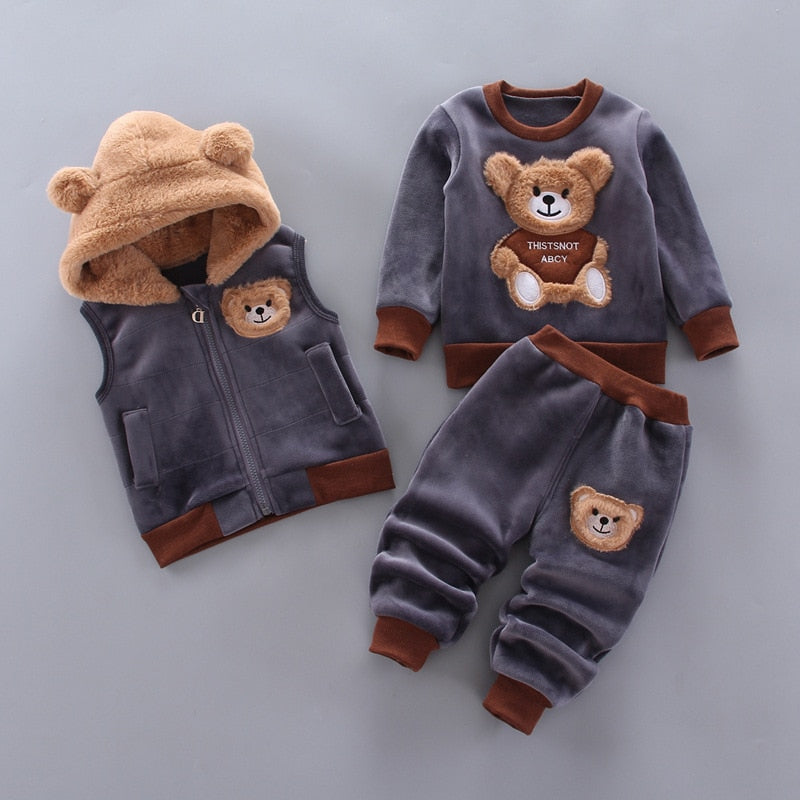 Autumn Winter Baby Boys Clothes Sets Thick Fleece Cartoon Bear Jacket Vest Pants 3Pcs Cotton Sport Suit For Girls Warm Outfits