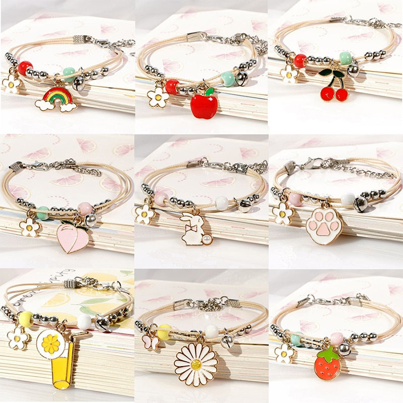 13 Colors Sweet Rabbit Paw Flower Strawberry Bracelets For Women Girl Lightweight Wristband Adjustable Multilayer Jewelry Gifts