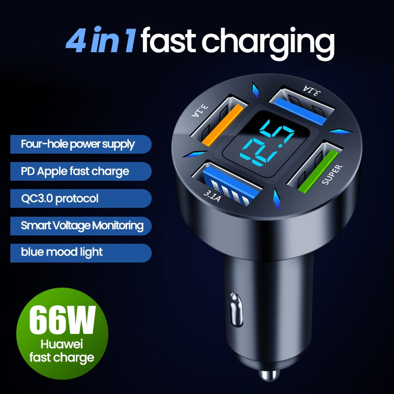 66W 4 Ports USB Car Charger Fast Charging PD Quick Charge 3.0 USB C Car Phone Charger Adapter For iPhone 13 12 Xiaomi Samsung