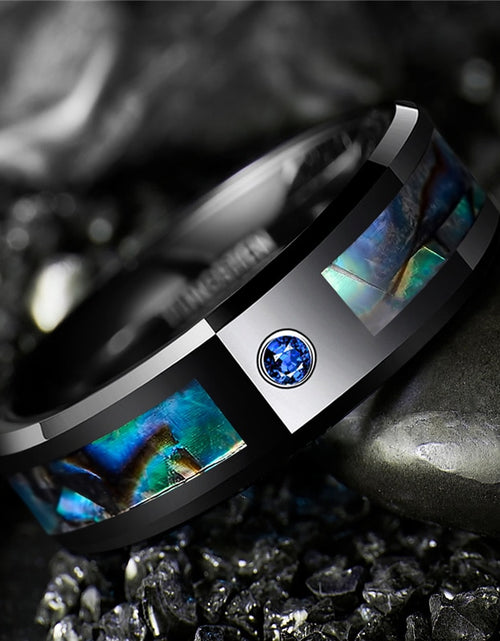 Load image into Gallery viewer, 8mm Tungsten Carbide Ring Black Abalone Shell Ring with Blue CZ Stone Finger Men Women Wedding Band Ring Jewelry
