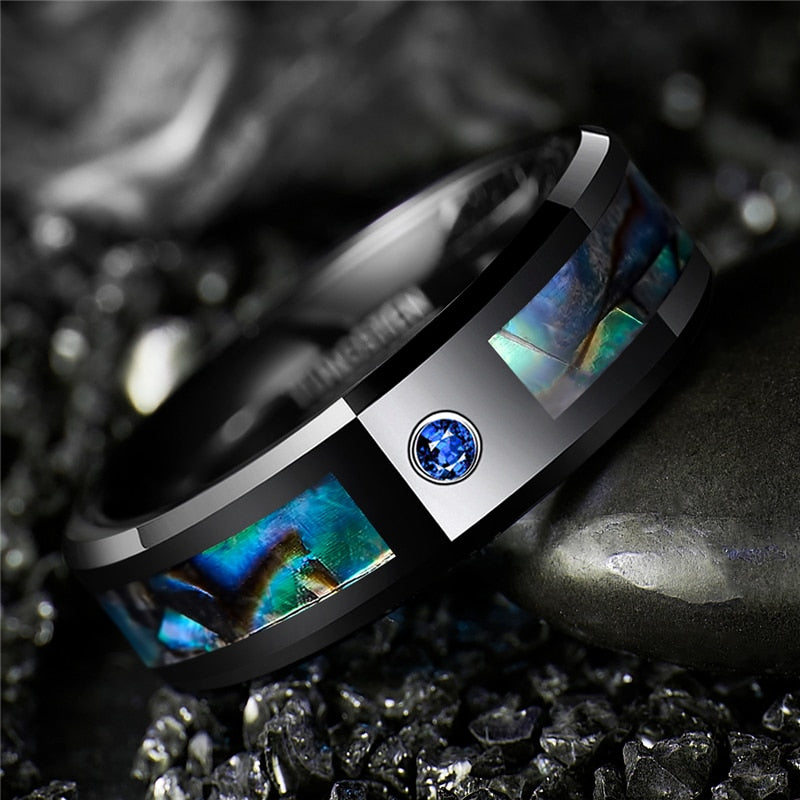 8mm Tungsten Carbide Ring Black Abalone Shell Ring with Blue CZ Stone Finger Men Women Wedding Band Ring Jewelry