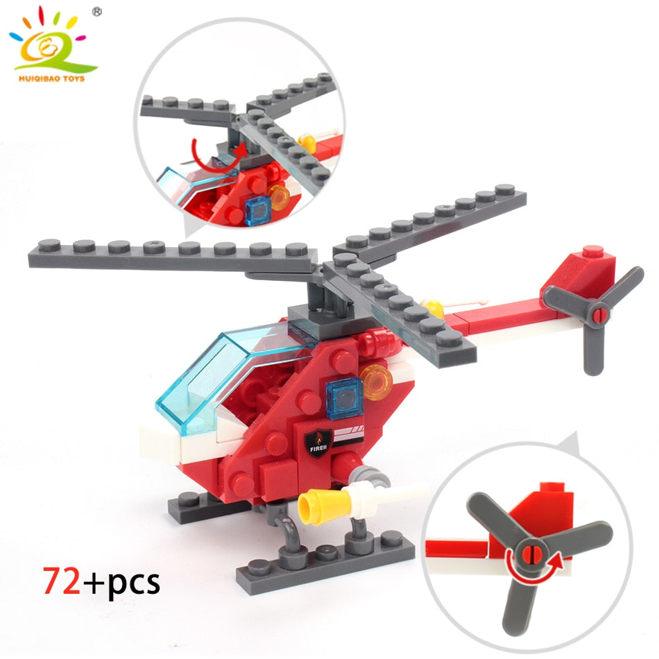 348pcs Fire Fighting 4in1 Trucks Car Helicopter Boat Building Blocks City Firefighter Figures Man Bricks Children Toys