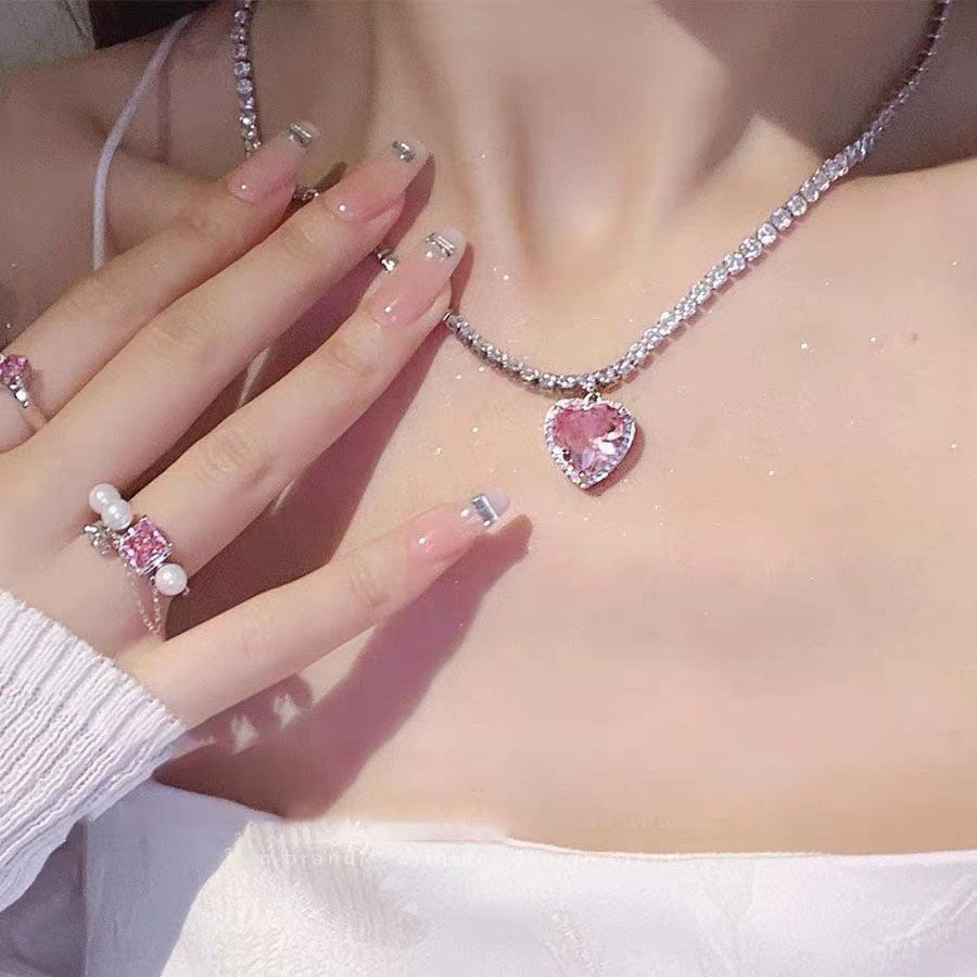 Accessories Fashion Peach Heart Water Drop Pendant Necklace Purple Crystal Egirl Sweet Cool Clavicle Chain Aesthetic Jewelry