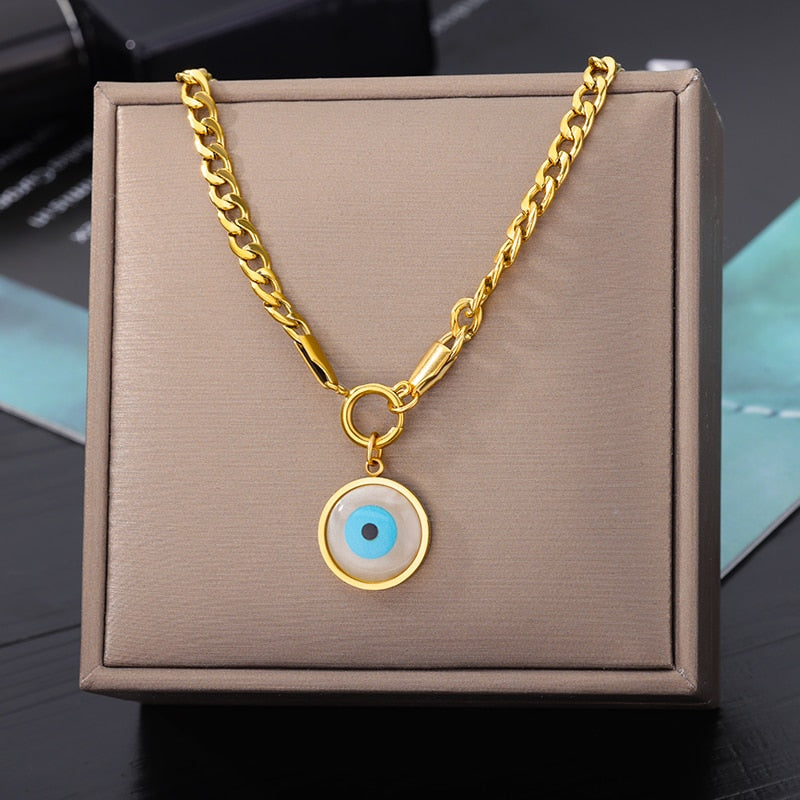 Evil Eye Necklace for Women Stainless Steel Gold Plated Feather Pendants Necklaces 2023 Trend Fashion Aesthetic Jewelry collares