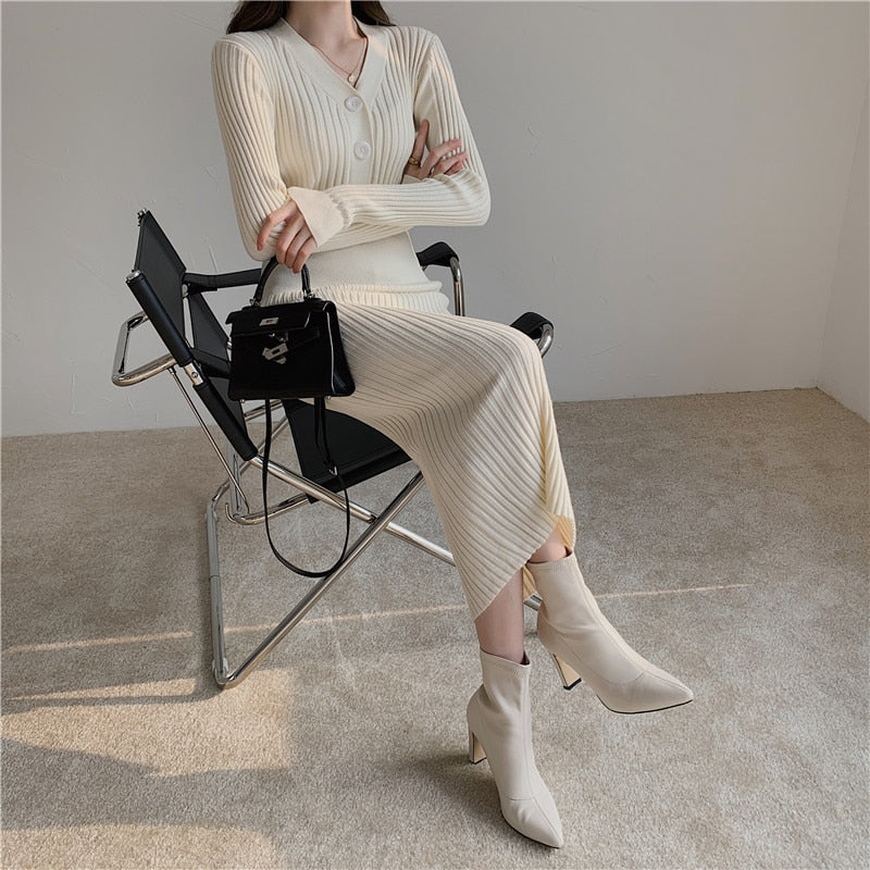 Vintage Knitted Sweater Long Sleeve Dresses Women Slim Bodycon Korean Elegant Fall Winter Button V Neck Sweater Midi Woman Dress