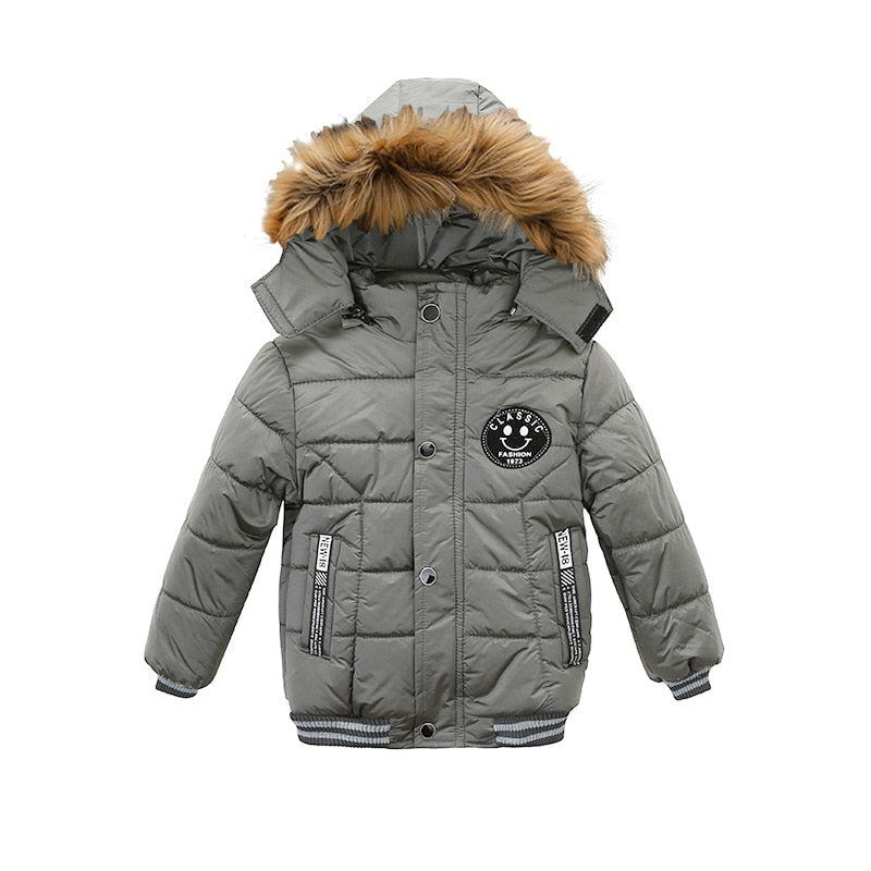 Autumn Winter Keep Warm Hooded Boys Jacket Fashion Fur Collar Heavy Cotton Outerwear For Kids 2-6Years Children Windbreaker Coat