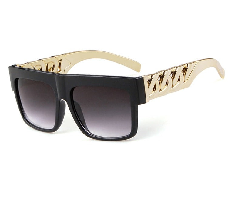 2021 Oversized Hip Hop Sunglasses Men Women Brand Design Flat Top Retro Square Black Sun Glasses Gold Plastic Chain Frame OM725