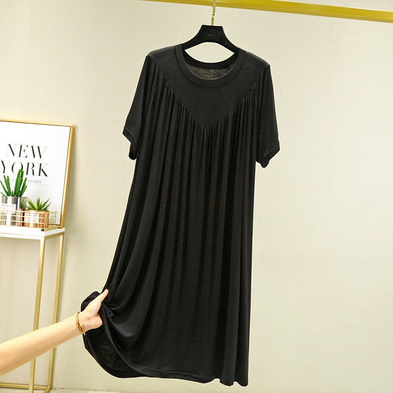 Modal Nightgown Women Cotton Clothes for Summer Loose Large Size Casual Short-sleeved Night Dress Pleated Thin Home Long Dress