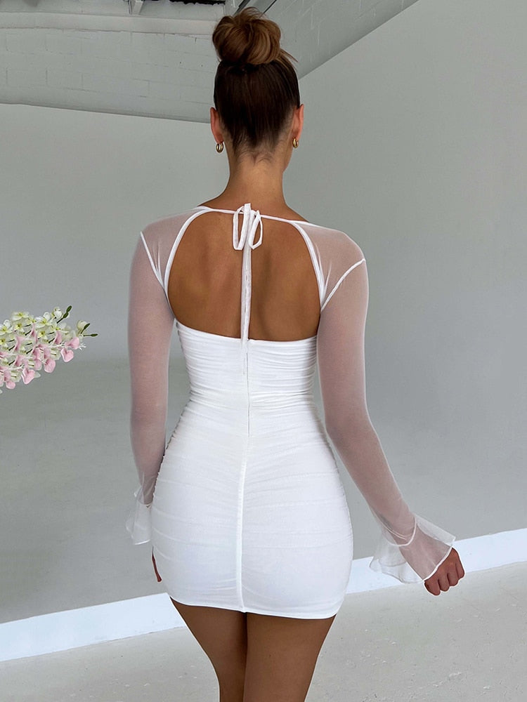 Elegant Backless Sexy Mini Dress For Women Robe Two Layer Mesh Full Sleeve Zipper Bodycon Party Short Dress Vestido