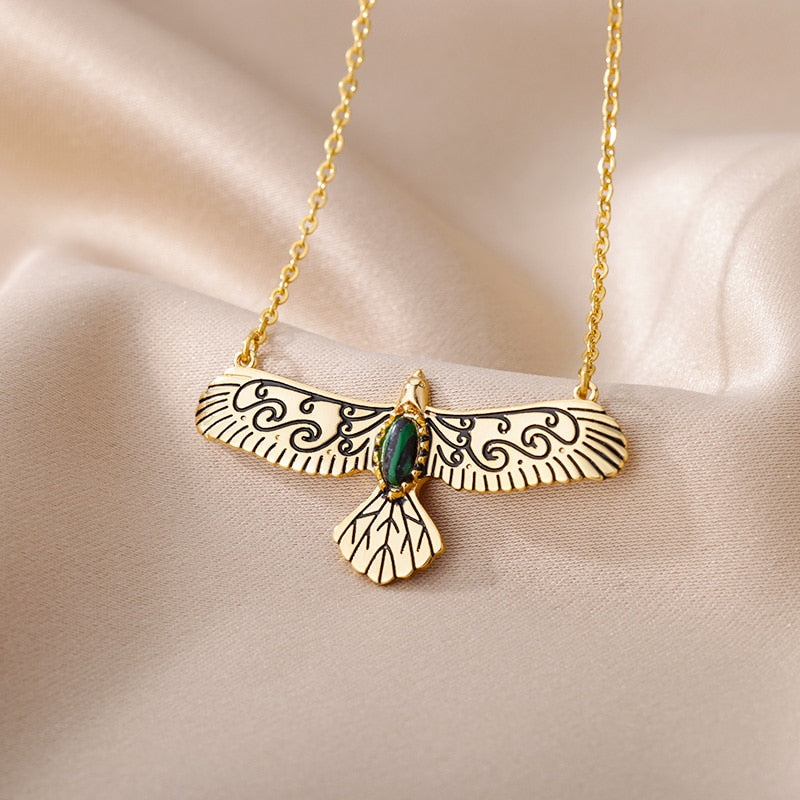 Green Stone Opal Eagle Pendant Necklace for Women Men Goth Gold Plated Stainless Steel Necklaces 2023 Trend Aesthetic Jewelry