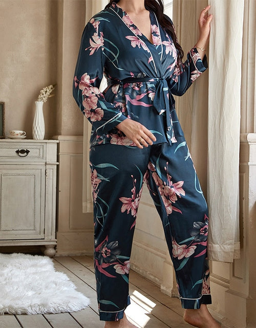 Load image into Gallery viewer, 5xl Large Size Satin Women&#39;s Cardigan Printed Robe with Long Trouser Pajamas Set Loose Conjuntos Feminino Elegante Ladies Suits
