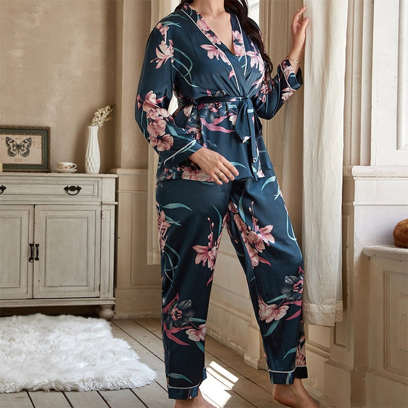 5xl Large Size Satin Women&#39;s Cardigan Printed Robe with Long Trouser Pajamas Set Loose Conjuntos Feminino Elegante Ladies Suits