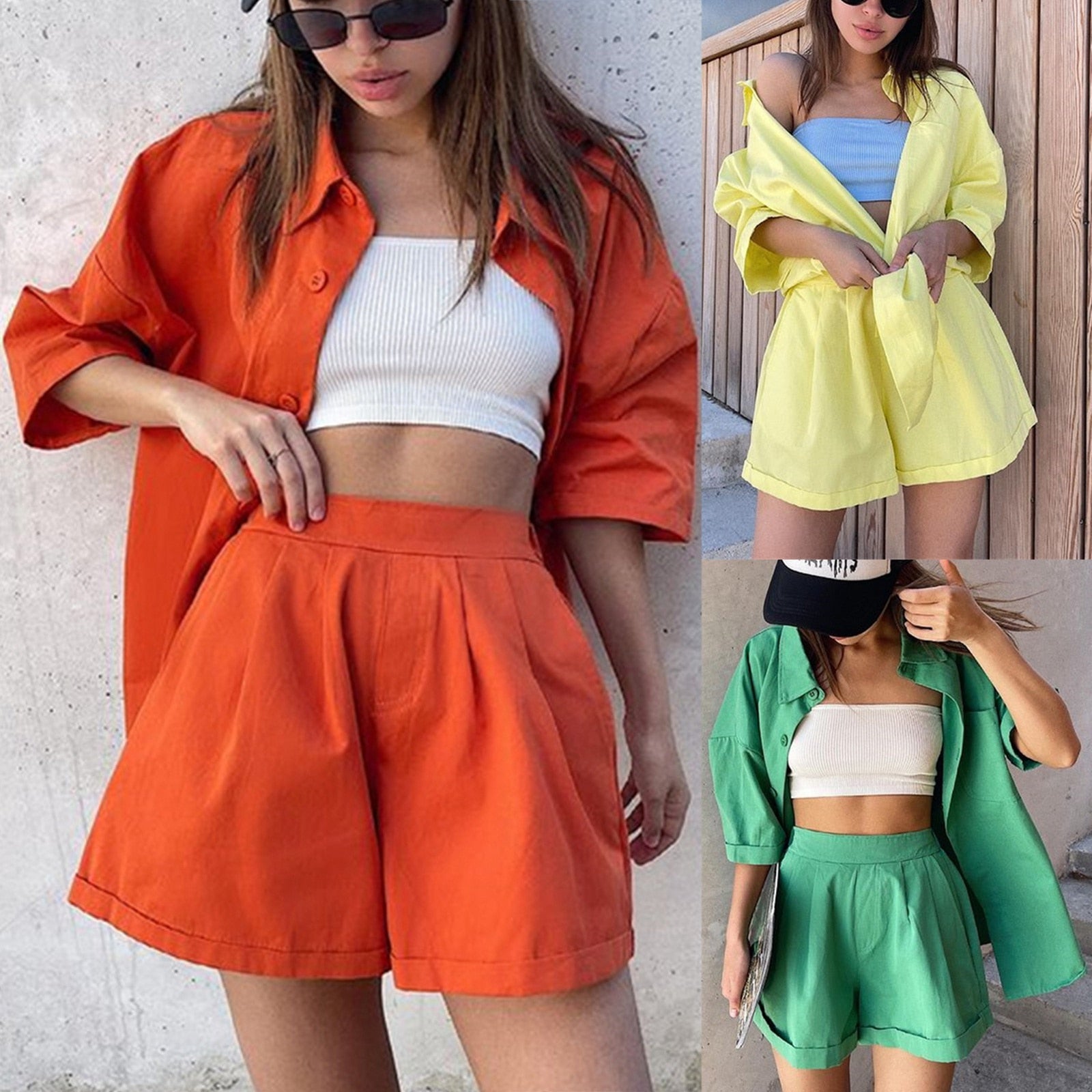 New Casual Summer Tracksuit Female Two Piece Set Solid Color Turn-Down Collar Short Sleeve Shirt Tops And Loose Mini Shorts Suit