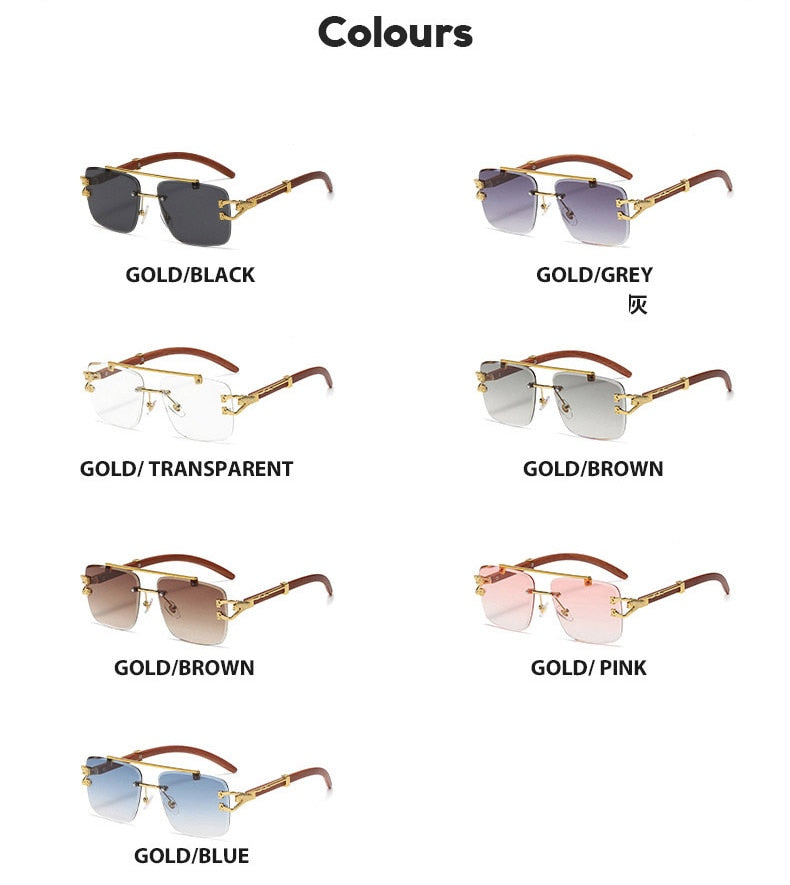 Retro Wood Printing Square Sunglasses Women 2022 Smoke Luxury Brand Designer Gold Lion Decoration Sun Glasses Men