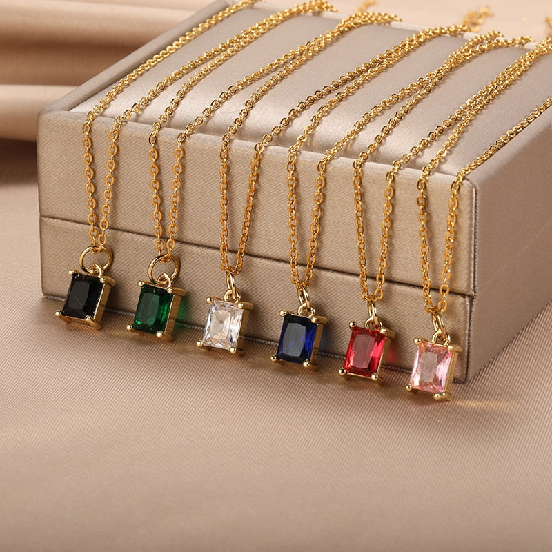 Korean Square Zircon Stone Pendant Necklaces  Color Stainless Steel Multicolor Crystal Necklaces Choker  collares para mujer