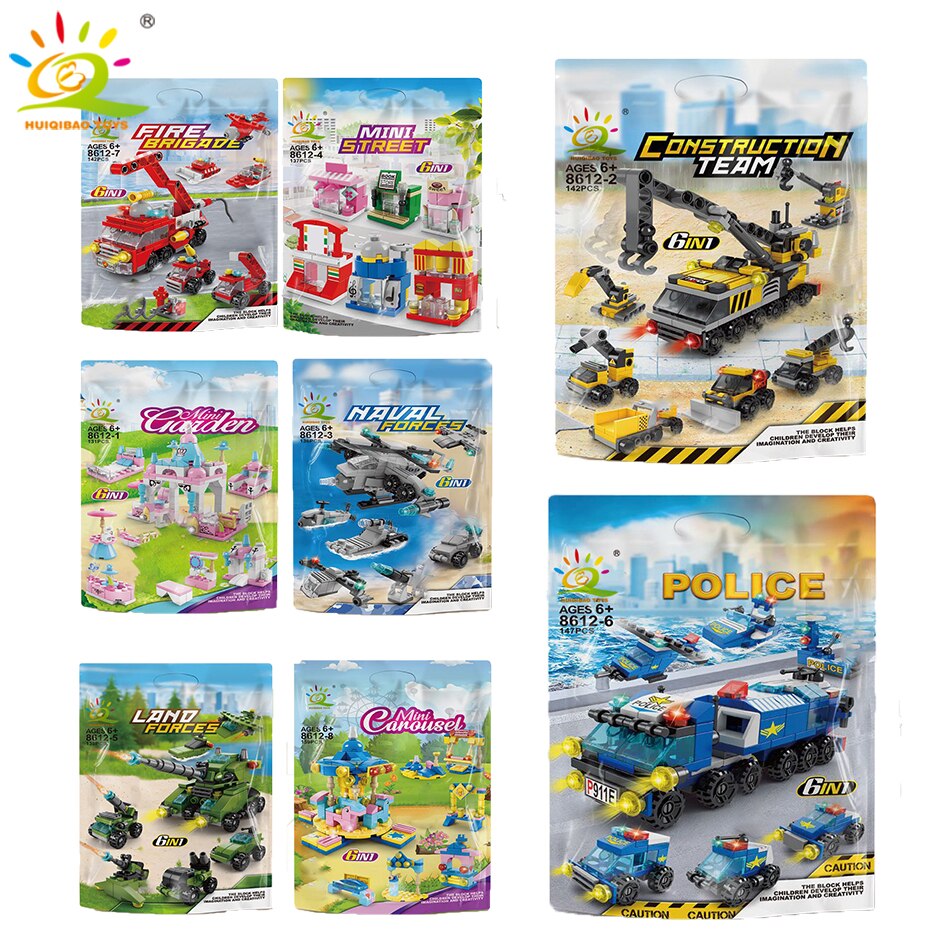 6IN1 City Fire Car Police Truck Engineering Crane Building Blocks Tank Helicopter Bricks Set Toys for Children Kids