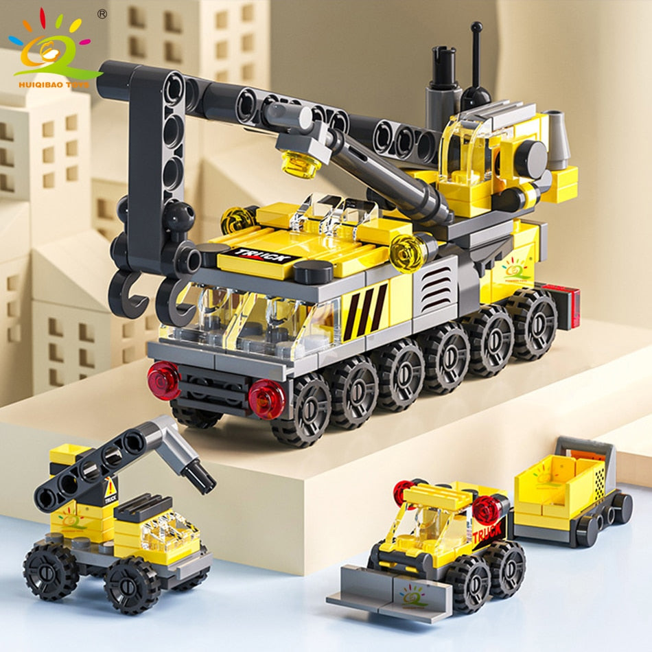 6IN1 City Fire Car Police Truck Engineering Crane Building Blocks Tank Helicopter Bricks Set Toys for Children Kids