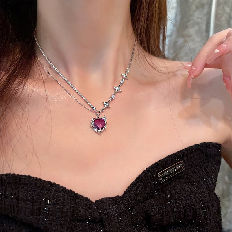 Accessories Fashion Peach Heart Water Drop Pendant Necklace Purple Crystal Egirl Sweet Cool Clavicle Chain Aesthetic Jewelry