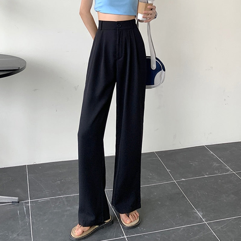 New Straight Wide Leg Women's Pants Korean Style High Waist Pants for Women Solid Color Loose Suit Trousers Female