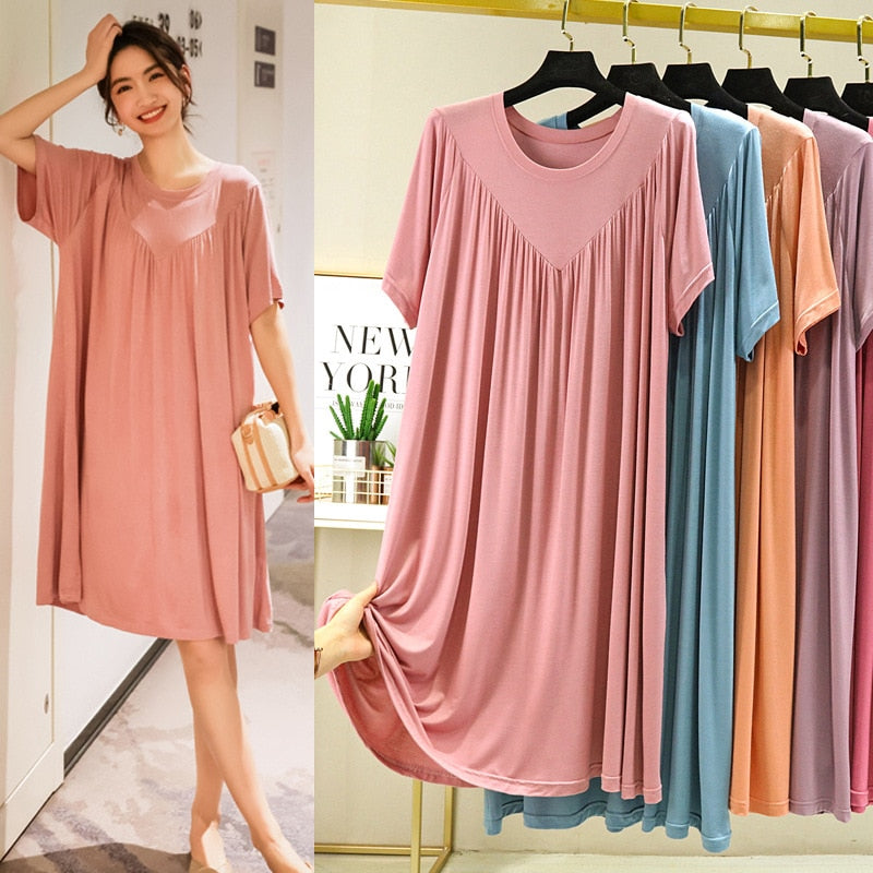 Modal Nightgown Women Cotton Clothes for Summer Loose Large Size Casual Short-sleeved Night Dress Pleated Thin Home Long Dress