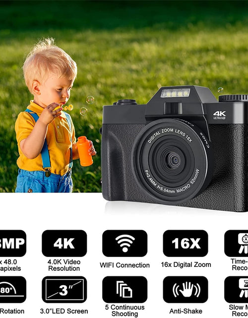 Load image into Gallery viewer, 48MP Digital Camera 4K UHD Vlogging Camcorder 3.0&quot; 180° Flip Screen Selfie Digital Webcam For YouTube Wide Angle Macro Lens
