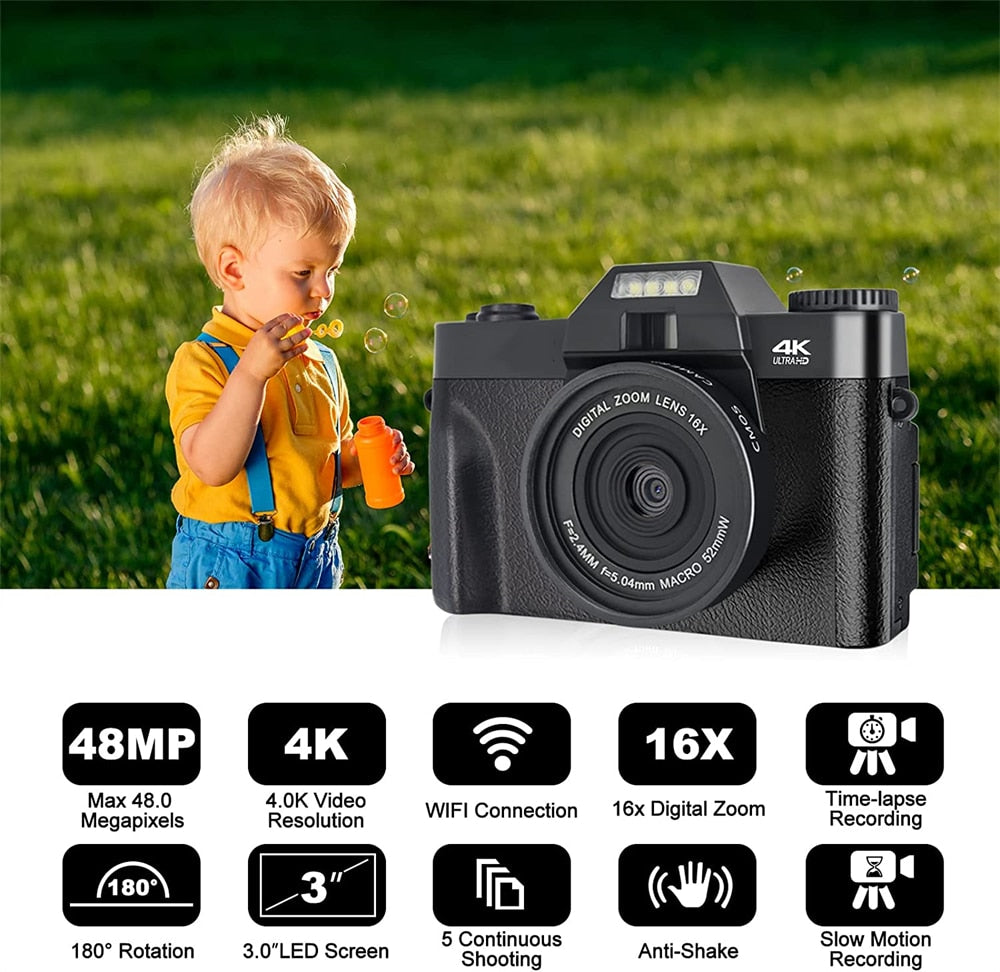 48MP Digital Camera 4K UHD Vlogging Camcorder 3.0&quot; 180° Flip Screen Selfie Digital Webcam For YouTube Wide Angle Macro Lens