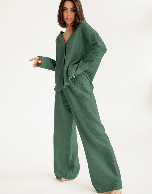 Load image into Gallery viewer, pure Cotton Sleepwear V Neck Single Breasted Wide Leg Pants Trouser Suits Drop Sleeves Set Woman 2 Pieces Loungewear
