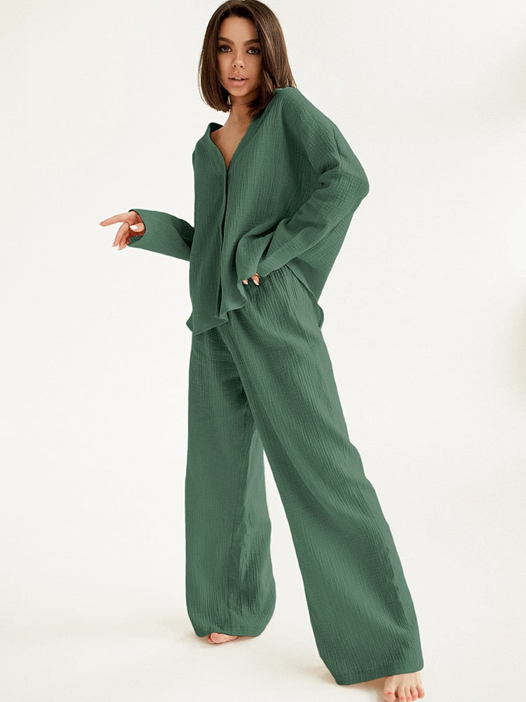 pure Cotton Sleepwear V Neck Single Breasted Wide Leg Pants Trouser Suits Drop Sleeves Set Woman 2 Pieces Loungewear