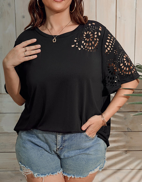 Load image into Gallery viewer, Plus Size Summer Geo Cut Out Tee Ladies Short Sleeve Solid Chiffon T-shirt Women Clothing O-Neck Tops
