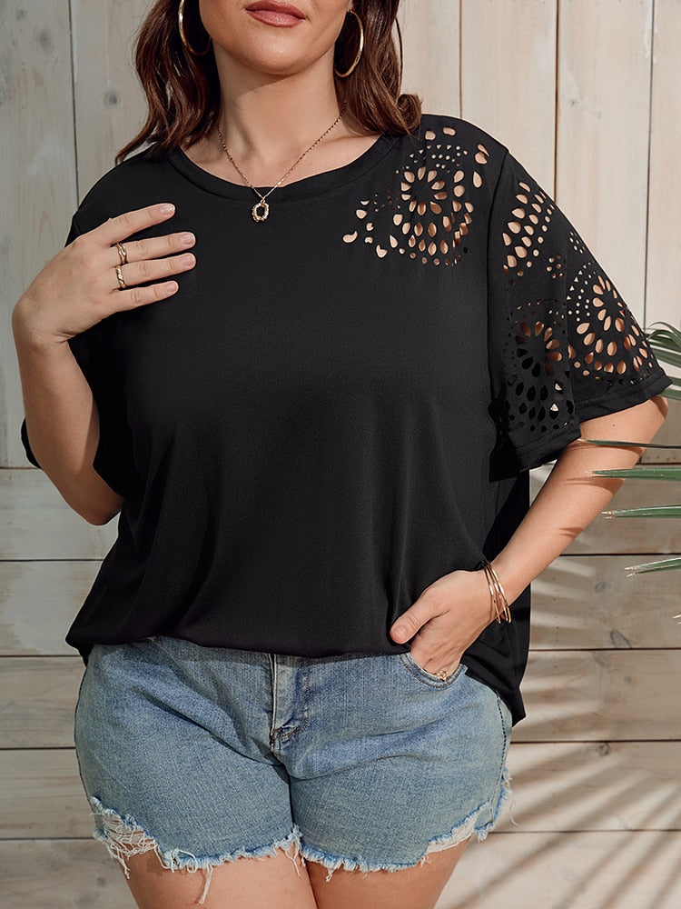 Plus Size Summer Geo Cut Out Tee Ladies Short Sleeve Solid Chiffon T-shirt Women Clothing O-Neck Tops