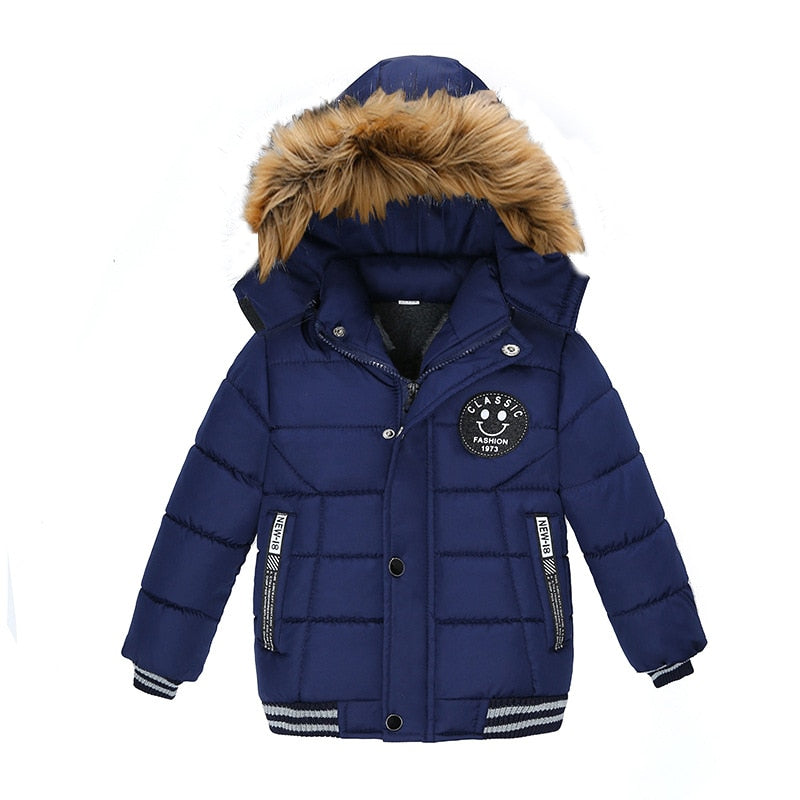 Autumn Winter Keep Warm Hooded Boys Jacket Fashion Fur Collar Heavy Cotton Outerwear For Kids 2-6Years Children Windbreaker Coat