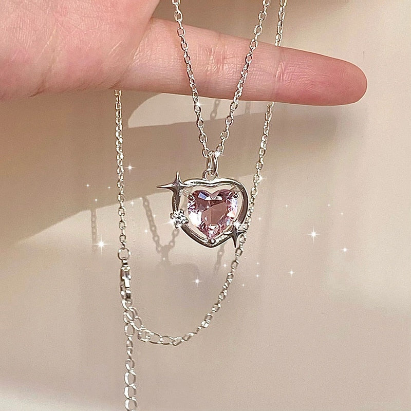 Accessories Fashion Peach Heart Water Drop Pendant Necklace Purple Crystal Egirl Sweet Cool Clavicle Chain Aesthetic Jewelry