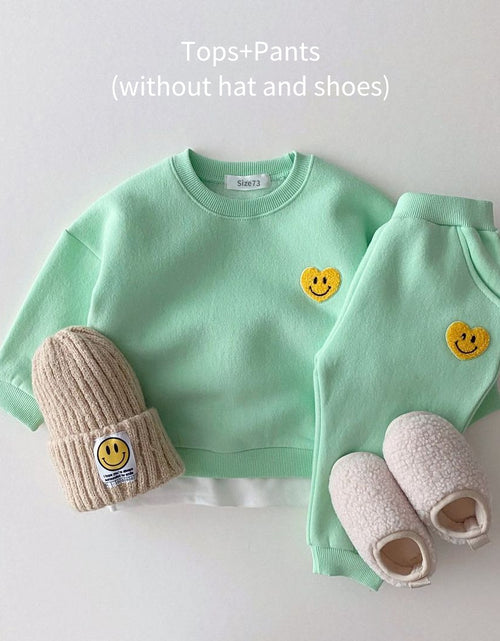 Load image into Gallery viewer, Korea Baby Boys Clothing Sets Fleece Lined Clothes Children Thicken Sweater And Velvet Baby Girls Pullover Tops+ Pant Suits 2PCS
