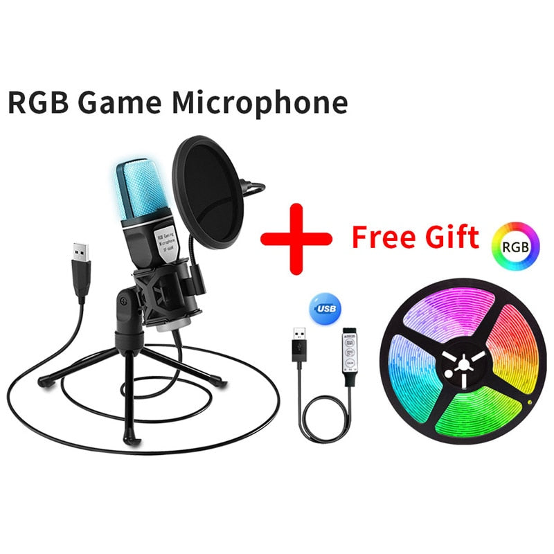 USB Microphone RGB Microfone Condensador Wire Gaming Mic for Podcast Recording Studio Streaming Laptop Desktop PC