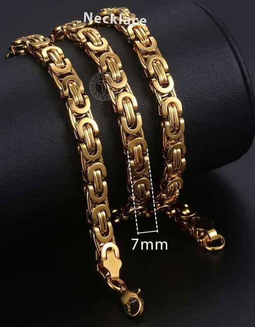 Load image into Gallery viewer, 7mm High quality Flat Byzantine Link Necklace For Mens Boys Gold Color Stainless Steel Heavy Luxury Jewelry
