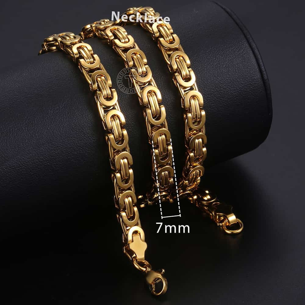 7mm High quality Flat Byzantine Link Necklace For Mens Boys Gold Color Stainless Steel Heavy Luxury Jewelry