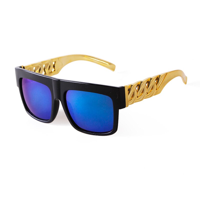 2021 Oversized Hip Hop Sunglasses Men Women Brand Design Flat Top Retro Square Black Sun Glasses Gold Plastic Chain Frame OM725