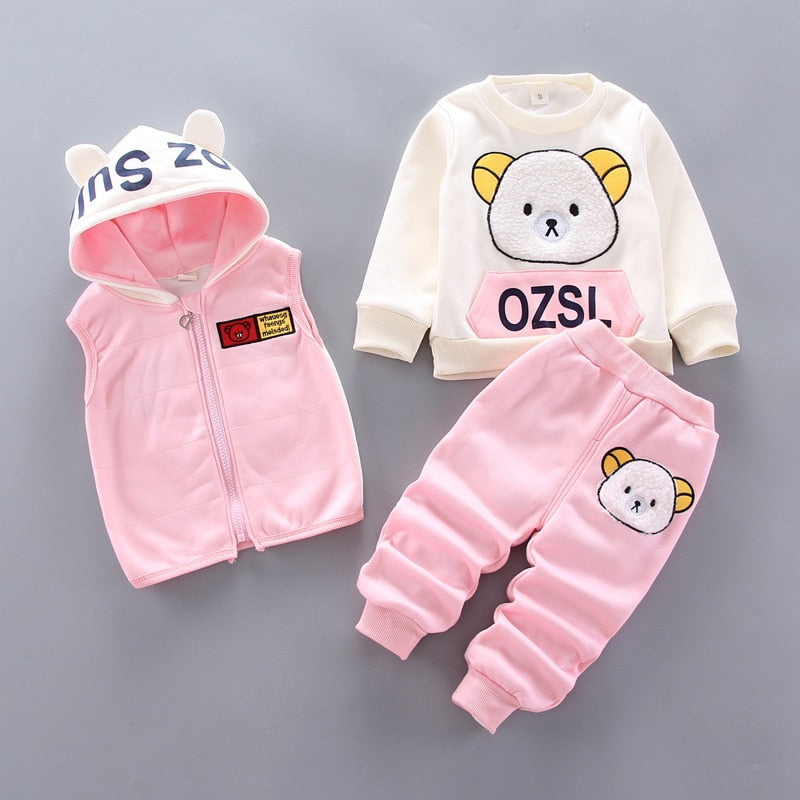 Autumn Winter Baby Boys Clothes Sets Thick Fleece Cartoon Bear Jacket Vest Pants 3Pcs Cotton Sport Suit For Girls Warm Outfits